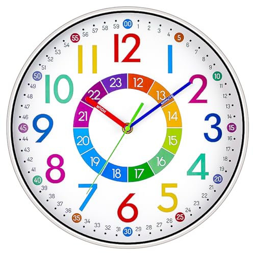 Jubaopen Horloge Murale pour Enfant Horloge Silencieuse Design Pendule Murale Colorée Éducative Horloge Chiffres Facile à Lire Apprentissage pour Enfants sans Tic-Tac pour Ecole Chambre Bureau