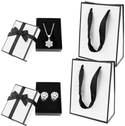 YFPOPONE 2 Stücke Schmuckschatullen mit Geschenkbeutel,9 x 7 x 3 cm,Schmuck Geschenkboxen,Geschenkverpackung Schmuck mit Schleife zum Ohrringen und Halskette,Geschenkbox Kleine mit Deckel (Weiß)