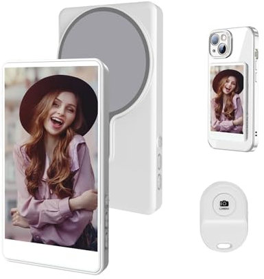 Phone Vlog Selfie Monitor Screen,Magnetic Mount Wireless Connection with Remote Control 4.02 inch 1080P Wireless Recording,Rear Camera for Selfie Vlog Live Stream,Compatible with iPhone/Android White