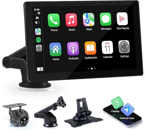 Pantalla Coche de 9 Pulgadas con Carplay Inalámbrico y Android Auto, Cámara de Marcha Atrás de 720P, Navegación, Compatible con Bluetooth, Airplay/Mirror Link, Control por Voz Siri/Google, FM, AUX