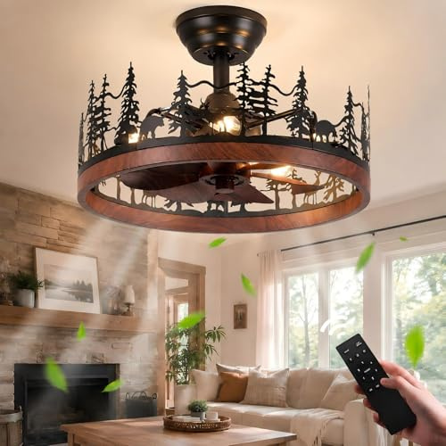 Merexcint 21 Inch Farmhouse Rustic Ceiling Fan with Light and Remote | Vintage Bladeless Rustic Chandeliers Fan, Reversible Rustic Ceiling Fan for Living Room, Bedroom, Hallway, Entryway Lighting