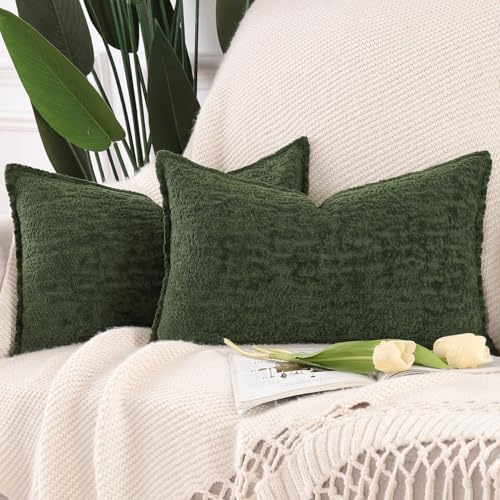 Madizz 2er Set Chenille Samt Kissenbezüge mit Rand Dekorativ Weiche neutrale Wurfkissen für Sofa Boho Akzent Zierkissenbezüge für Schlafzimmer Wohnzimmer Grün 40x80 cm