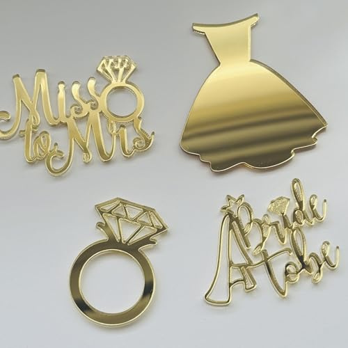 Miss to Mrs & Bride to Be Cupcake Toppers – Set of 4, Mirror Gold Acrylic, 3mm Thick, Premium Laser Cut Bridal Shower Decorations