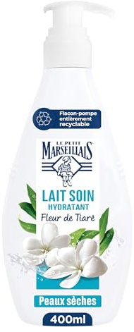 Le Petit Marseillais – Lait Soin Hydratant (Flacon-Pompe de 400 Ml) – Lait Corps pour Peaux Sèches – Lait Corporel Hydratation 48H à la Fleur de Tiaré