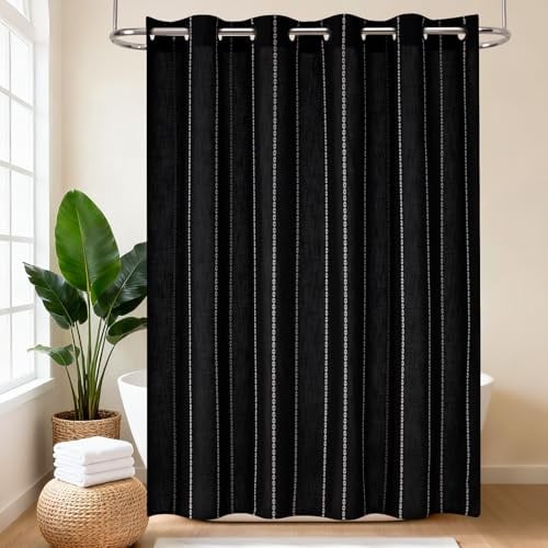 VANZAVANZU Rideau de douche bohème sans crochets en tissu polyester et lin à rayures avec revêtement imperméable pour salle de bain, ferme, style rustique, shabby chic, rideau de salle de bain neutre