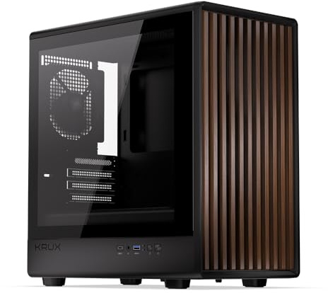 KRUX Helio, microATX Mini ITX Gehäuse, Echtholz Design, Glasfenster, 120mm PWM Lüfter, USB-C, USB 3.0, GPU bis 320mm, CPU bis 175mm, Staubfilter, Schwarz mit Holz-Front