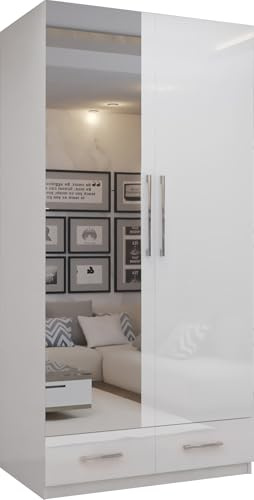 FURNITUREWAVE 2 Door High Gloss Wardrobe with Drawers and Mirror Modern Bedroom Storage Cupboard (White Gloss)