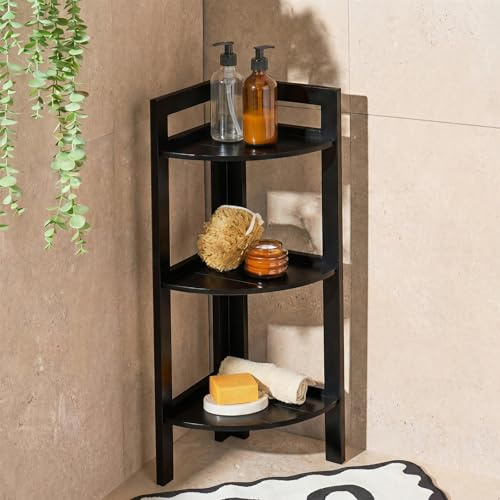 OHS Black Corner Shelf Bookcase, 3 Tier Shelving Unit Free Standing Triangular Corner Unit for Living Room Bedroom Bathroom Office Small Shelf Space Saving Bookshelf Display Rack, 65 x 23 x 23cm