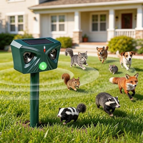 Fizzyo Repelente para Gatos, Ultrasónico Ahuyentador de Gatos Exterior con Carga Solar y USB, 5 Modos, Luz LED, Sensor de Movimiento PIR, Ahuyentador de Animales para Gatos, Martas, Mapaches y Perros