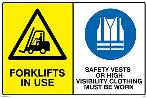 Viking Signs CP5283-A4L-1M Schild Gabelstapler in Gebrauch, Sicherheitswesten oder hohe Sichtbarkeit Kleidung muss getragen werden, 1 mm Kunststoff, halbstarr, 300 mm H x 200 mm B