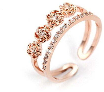 BROWOL Femme Mode Bagues Argent Fin 925 Zircone Cubique Rosé Fleur Hypoallergénique Réglable Double Bagues (gold)