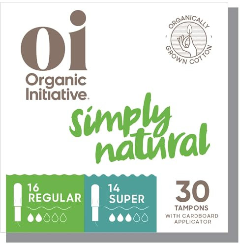 Oi Bio-Tampons, regulär/super Saugfähigkeit, 100 % zertifizierte Bio-Baumwolle, geruchlos, Karton-Applikator, auslaufsicher, griffig, 1 x 14 Superpack, 1 x 16 normale Packung (30 Stück)