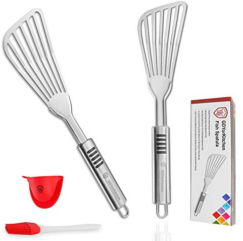 Fish Spatula - Stainless Steel Slotted Turner with Durable 1.2mm Thickness Blade for Fish/Egg/Meat/Dumpling Turning, Flipping, Frying and Grilling, Free Silicone Brush and Bonus Oven Mitt - Set of 2