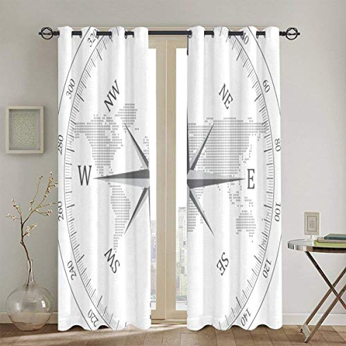 MAYUES Vorhang Blickdicht,Kompass Illustration Weltkarte Maritime Seaman Life Equipment Monochrom,Wärmeisolierend Gardine 2er Set 130cmX180cm