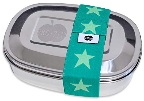 Brotzeit 16x12x4cm Edelstahl Brotdose Magic mit Gummiband nach Farbauswahl Edelstahldose Vesperdose Jausenbox Brotzeitdose (Sterne Grün Lime)