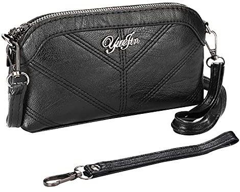 MoonSing Kleine Handytasche Umhängetasche für Damen, Leder Armband Clutch Geldbörse, Portemonnaie Schultertasche mit Verstellbarer Riemen, Crossbody Tasche (Schwarz)
