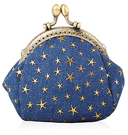 Oyachic Stella Cinque Punte Porte-Monnaie Denim Coin Purse Fermoir Clic Clac Kisslock Wallet Femme Portefeuille Vintage Bourse Porte-Carte de Credit (Bleu Marine)