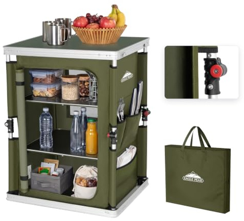 EAGLE PEAK Outdoor Folding Camping Table with Large 3-Tier Storage Organizer and Side Pockets, Easy Set Up Portable Aluminum Camping Kitchen, Green