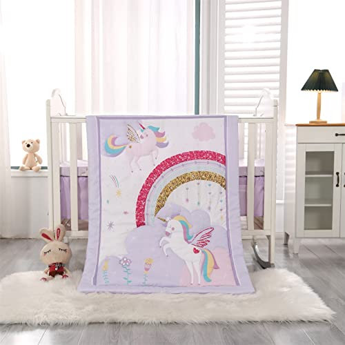 Wowelife Unicorn Crib Bedding Set 3 Pieces Baby Girl Crib Bed Set Crib Comforter Set for Girls Nursery Bedding Set Purple Include Baby Comforter, Skirt and Sheet, Purple