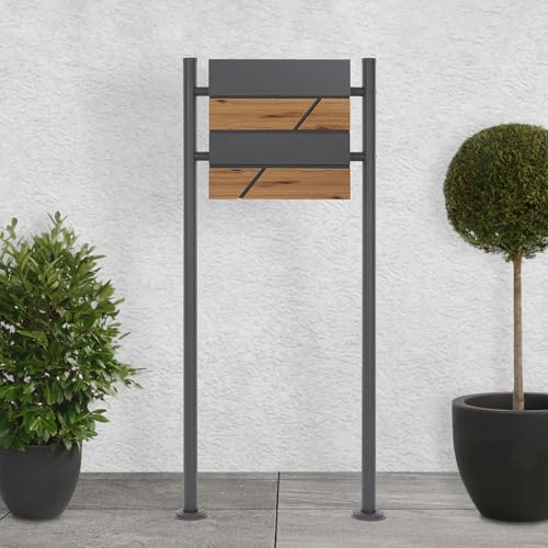 ECD Germany Standbriefkasten mit Zeitungsfach, Design Briefkasten mit Pfosten, Briefkastenanlage, Briefkastenständer Anthrazit 120cm Edelstahl pulverbeschichtet, Postkasten Anthrazit-Holzoptik Stahl