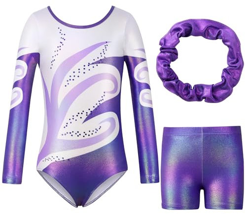 Valcatch Girls Gymnastics Leotards Three-Piece Gymnastics Set Long Sleeve/Sleeve Leotards with Shorts and Hairband Sparkling Ballet Dancing Unitards Athletic Outfit 5 6 7 8 9 10 11 12 Years
