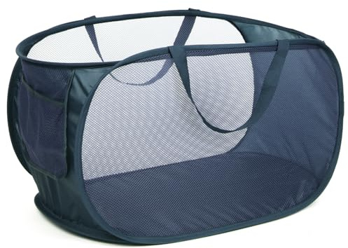 Diggoour Durable Collapsible Laundry Baskets, Mesh Pop Up Laundry Hamper with Handy Pocket, Foldable Clothes Hamper with Reinforced Carry Handles for Laundry, Bathroom, Kids Room or Travel Navy