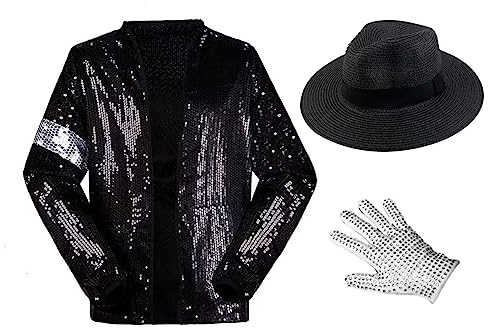 Shuanghao Kostüme Anzugjacken Jacket Top+Hat+Glove 3PS für Erwachsene Kinder Weihnachten Halloween Cosplay Puppe Partys Tänze Retro Punk Männer Frauen Mäntel Outfits Kleidung (Schwarz 185cm)