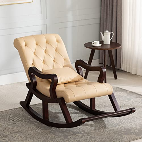BTZHY Relaxsessel Sessel,Schaukelstuhl aus Leder, nordischer Massivholz-Freizeit-Liegestuhl für den Garten, Stuhl für ältere Menschen, Dunkelbraun, #1
