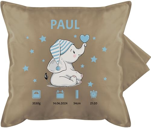Kissenbezug - Elefant Geburtsdaten mit Name Geschenk zur Geburt Geschenkidee I Geldgeschenk zur Geburt - 50 x 50 cm - Beige Natur - personalisierte Kissen Baby mädchen Geschenke Neugeborene Junge