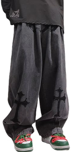 Onsoyours Herren Baggy Jeans Y2K Streetwear Skateboard Jeanshosen Vintage Jungen Jeans Hip Hop Style Breite Hosen E3 Schwarz L