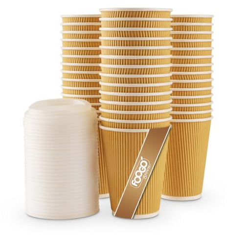 FOOGO Green 50pcs 12oz Disposable Strong Triple-Wall Brown Paper Coffee Cups with Secure Lids, FSC® Certified, Fully Compostable, for Hot Drinks, Takeaway and Parties