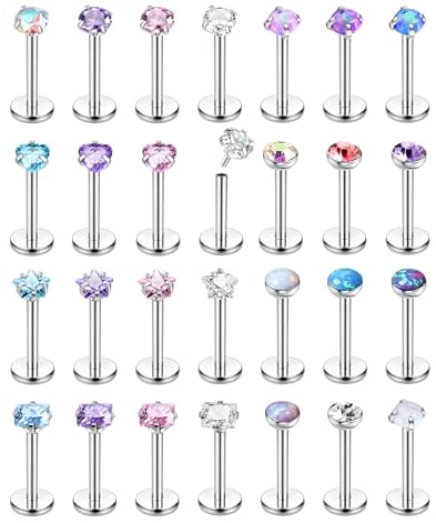 Adramata 28Pcs Nasenpiercing Stecker Chirurgenstahl Lippenpiercing Gewindeloses Einschieben Monroe Medusa Labret Piercings Set Klein CZ Opal Piercing Ohr Conch Tragus Piercing Helix Piercings