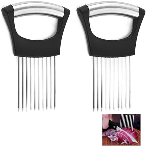 Gkuehry 2 Piece Onion Holder, Stainless Steel Onion Holder Onion Cutter Slicer Food Slice Assistant Kitchen Gadget for Potato Carrot Onions Tomatoes Vegetable Meat, JYR493