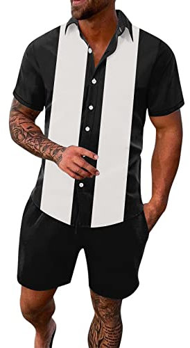Herren Frühling/Sommer Freizeit Sport Hawaii Beach Style Stitching Stripe Print Kurzarm Hemdhose Zweiteiliges Set Herren Komplett Set Set für Männer Anzugheeren Herren T-Shirt Shorts (Black, XXXL)