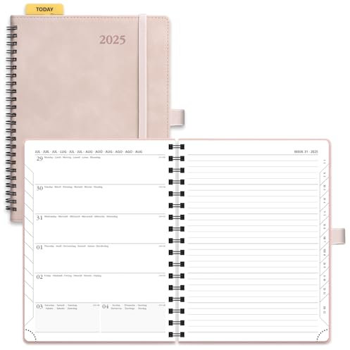 POPRUN Kalender 2025 Buchkalender Ringbuch mit Softcover, ca. A5 (22 x 16,5 cm) - Terminplaner, Wochenplaner Notizbuch (Jan.2025-Dez.2025) mit 100 GSM Papier - Zartrosa