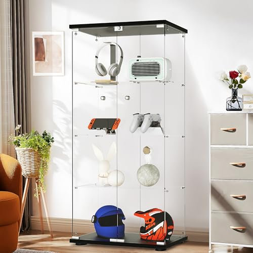 Aplancee Glasvitrine Standvitrine in Schwarz, 164 * 36.3 * 80.5cm Vitrinenschrank mit 4 Glasböden & 2 Türen aus gehärtetem Glas, Modern Glas Schrank für Wohnzimmer Büro Sammlerstücke Bücher Wein