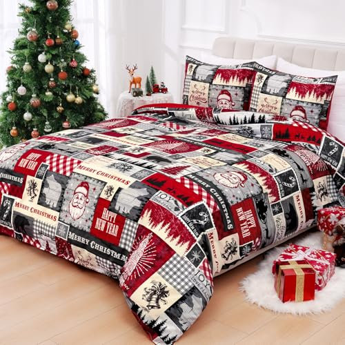 FRAMICS 3-teiliges Weihnachts-Bettbezug-Set für Queen-Size-Bett, Patchwork-kariert, mit Reißverschluss, Vintage-Stil, Rot, Weihnachtsmann-Bettwäsche-Set, 1 Bettbezug 228,6 x 228,6 cm und 2