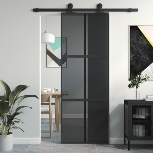 Gecheer Porta Scorrevole Nera 76x205 cm in Vetro Temperato e Alluminio, Porta Interne, Set Porte Sorrevoli, per Interno, A155213