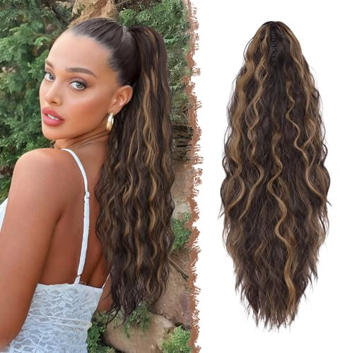 FESHFEN Pferdeschwanz mit Klammer, Lange Wellig Lockig Haarextension Synthetik Zopf Haarverlängerung Claw Clip in Haarteil Ponytail für Damen 65cm Dunkelbraun und Blond