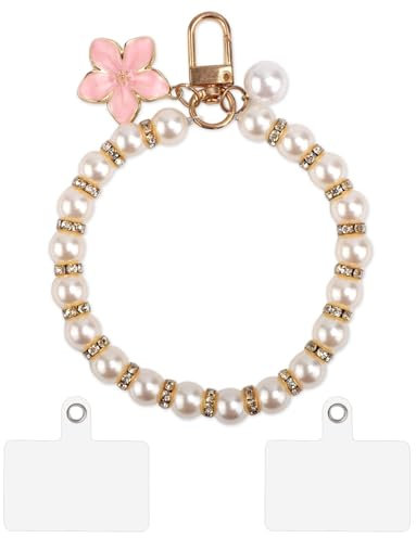 Gosknor Phone Charms Strap with 2 Tether Tabs, Flower Pearl Phone Wrist Strap Phone Beaded Bracelet Lanyard Cell Phone Chain Wristlet Detachable Phone Keychain Charm Cords for Women Wallet