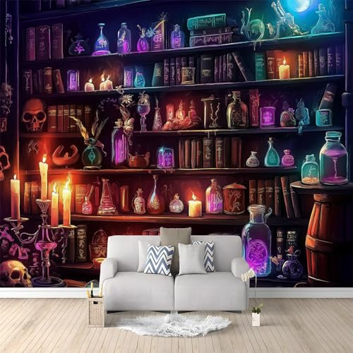 Papel tapiz no tejido Fantasy Bibliothèque Magique, 300 x 210 cm 3D FotografíA Mural para Sala Cuarto Oficina Salón Decoración, Noir Papel pintado