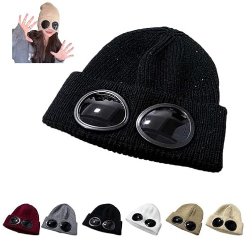 BQWXIEC Unisex Beanie-Mütze in Volltonfarbe mit Schutzbrillen-Design, Beanie-Wintermütze mit Schutzbrille, Schutzbrillenmütze, Herren-Wintermütze aus Wolle (Black,one Size)