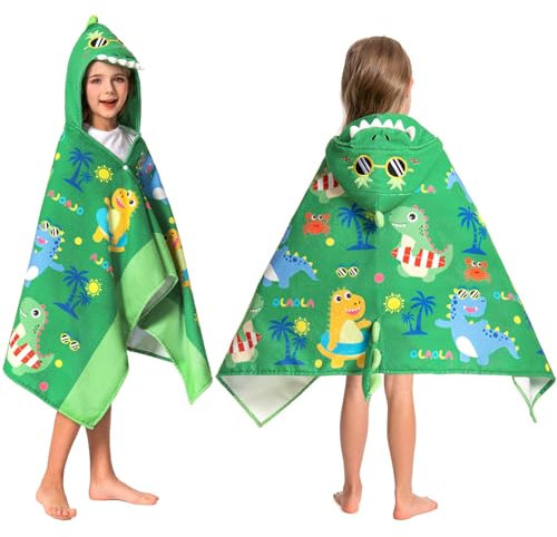 OLAOLA Badeponcho Kinder, Weich und Schnelltrocknendes Badetuch Poncho, Mikrofaser Handtuch mit Kapuze für Strand Schwimmen, Strandtuch für Mädchen Jungen 3-12 Jahre Alt (Strand Dinosaurier)