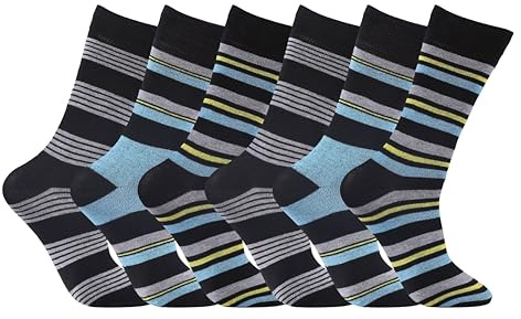 ShopMCR Diabetic Socks for Men – 6 Pairs, Extra Stretch, Non-Elastic Cuff, Easy Grip, Comfortable Fit, Ideal for Oedema & Neuropathy, UK 6-11 (6P, SKY/Yellow Striped)