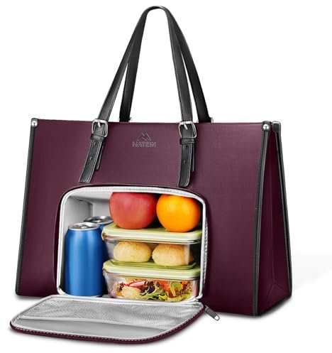 MATEIN Laptop Handtasche Damen, Laptoptasche 15.6 Zoll mit Isolierted Lunch-Fach, Lunchtasche Leder, Aktentasche Wasserdicht, Shopper Tasche Damen Groß, Handtasche Mit Kühlfach für Office, Lila