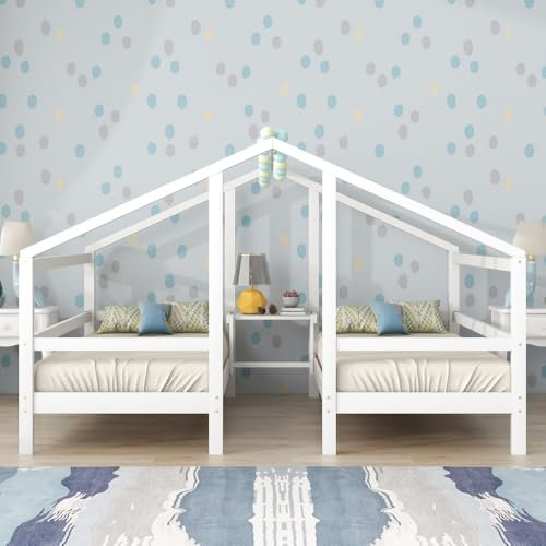 Skandinavisches Etagenbett aus Kiefernholz, mit Kopfteil, Fallschutz und Hausbett-Design für Kinder, Doppel-/Einzelbetten für Kinder