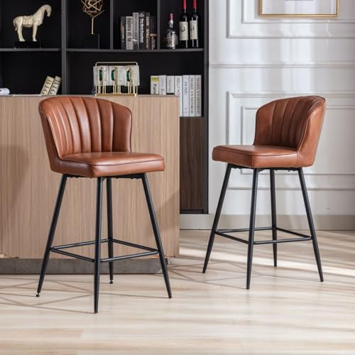 Ya-Home Barhocker 2er Set aus PU-Kunstleder, Moderne Barhocker mit gequilteter Rückenlehne, gepolsterter Sitzfläche & Schwarze Metallbeinen für Hausbar/Kücheninsel,Braun