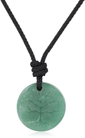 COAI Collana da Uomo e da Donna con Ciondolo Albero della Vita in Avventurina Verde, Collana con Cordino Regolabile in Nylon Nero, Collana Albero della Vita in Pietre Dure Unisex