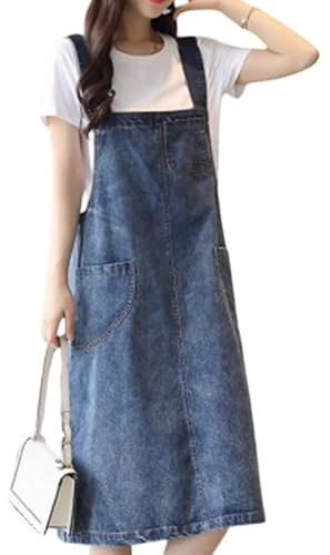 LIUYUYOUGO Abito Donna Vestito Scamiciato in Denim per Donna Lungo Tasca con Cuciture Salopette in Denim Blu Salopette in Jeans Lavata Vintage Midi Gonna Estate Casuale Largo Senza Maniche Canotta A