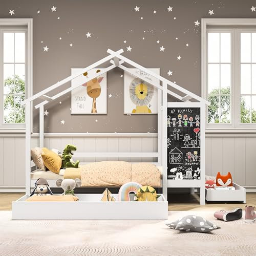 Kinderbett Hausbett 90 x 200 cm, Jugendbett für Mädchen & Jungen aus Massivholz mit Tafel und 2 Praktischen Schubladen, Weiß (Ohne Matratze)
